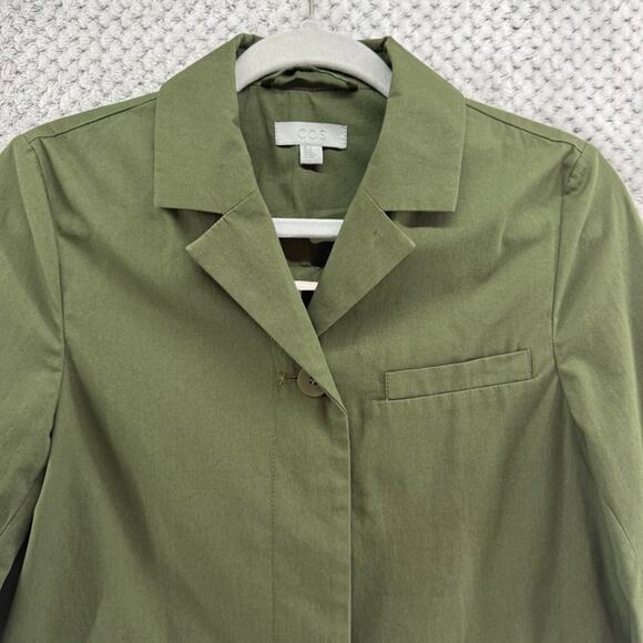 COS Jacket Womens 4 Green Cotton Button Front Coat Collared Long Sleeve Unlined - Picture 3 of 15